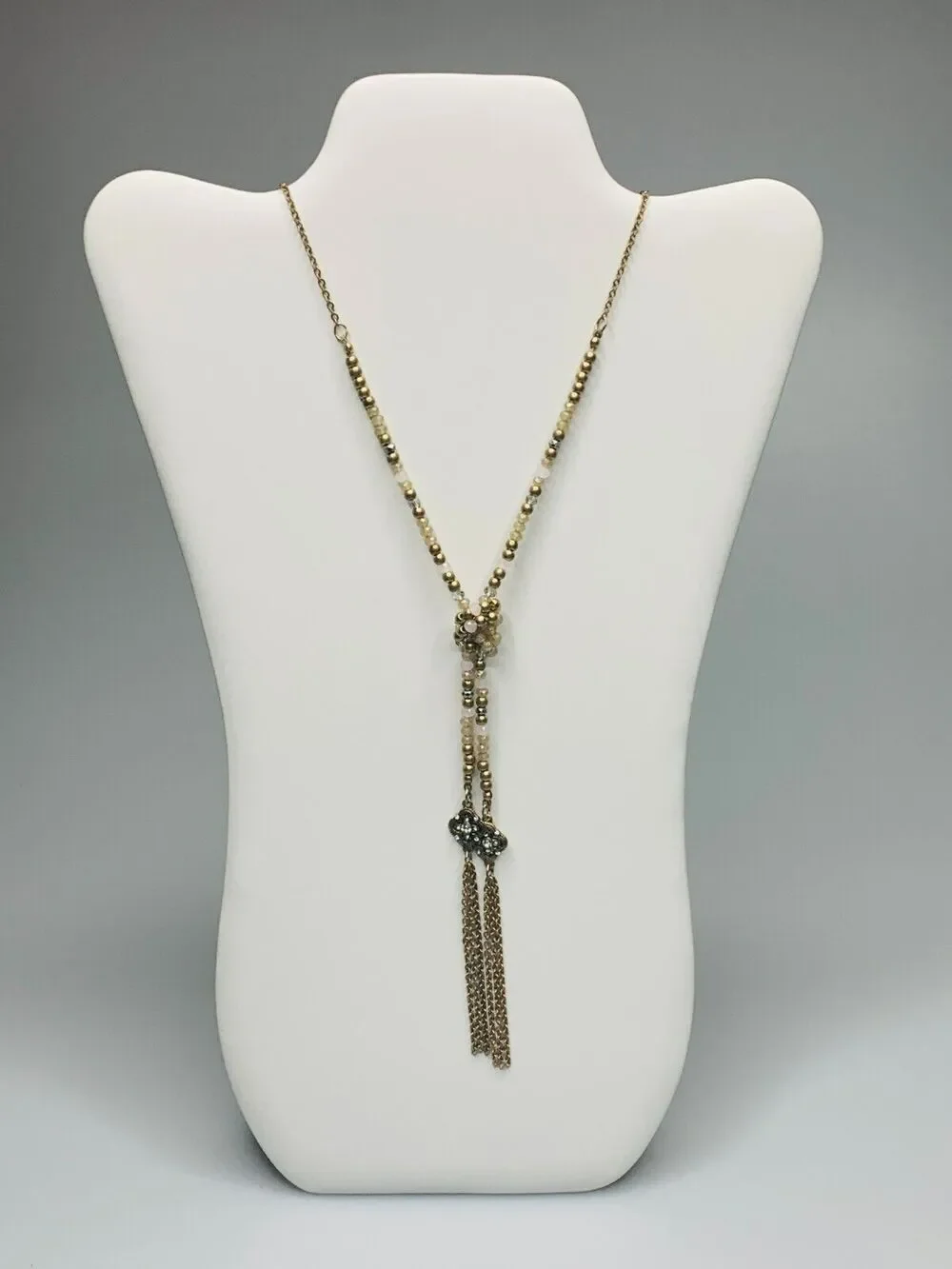 Long Gold Tone Beaded Tassel Necklace with Beaded Knot